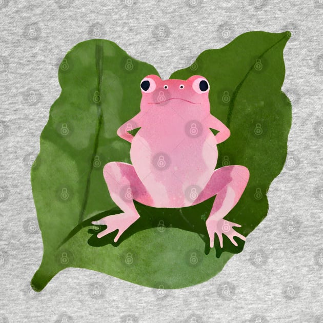 Pink frog in the middle of a green leaf by A tone for life